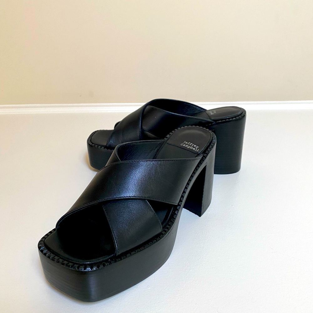 Jeffrey Campbell Black Leather Platform Slide Sandals